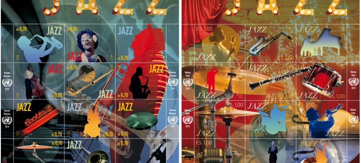 Timbres des Nations Unies commémorant la Journée Internationale du Jazz, dont la quatrième édition a lieu cette année à Paris. Photo : APNU
