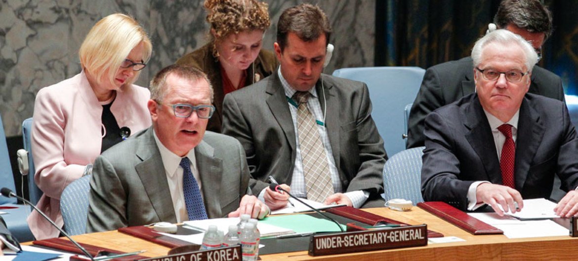 Security Council meeting on 2 May 2014 on the situation in Ukraine. Jeffrey (left) Feltman, Under-Secretary-General for Political Affairs. Vitaly I. Churkin (right), Permanent Representative of the Russian Federation to the UN.