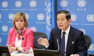 UN Under-Secretary-General for Management Yukio Takasu briefs the press.