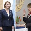 A composite image of a woman, identified as SG, in two different settings: a portrait and an image of her being sworn in.