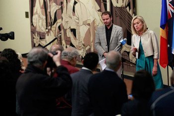 Sigrid Kaag (top right), Special Coordinator of the Joint Mission of the Organisation for the Prohibition of Chemical Weapons (OPCW) and the UN to eliminate Syria’s chemical weapons programme, speaks to journalists following a closed-door meeting of the S