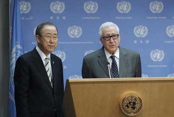 Secretary-General Ban Ki-moon (left) at daily press briefing where he announced the resignation of Lakhdar Brahimi, the Joint United Nations-League of Arab States Special Representative on the Syrian crisis.