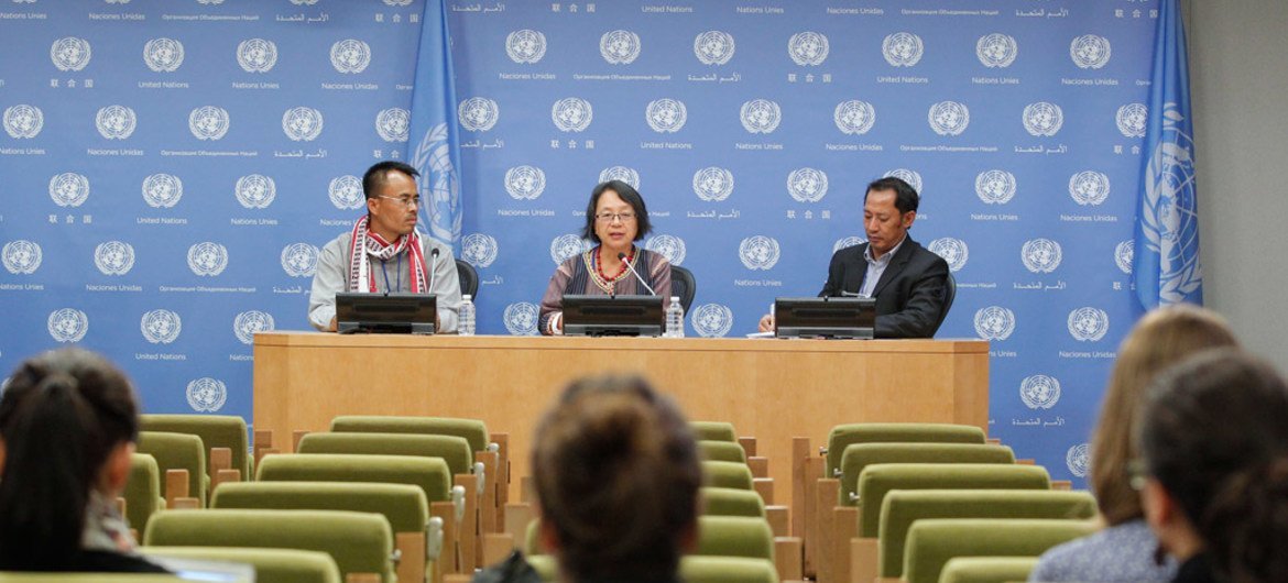 Briefing on indigenous issues from left: Jiten Yumnam of the Meitei people of Manipur State, India; Victoria Tauli-Corpuz, an Igorot from the Philippines and Raja Devasish Roy of the Chakma people in Bangladesh.