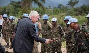 Hervé Ladsous, Under-Secretary-General for Peacekeeping Operation, greets a MONUSCO FIB contingent in Pinga, DR Congo.