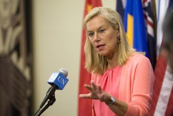 Special Coordinator of the Joint Mission of the Organization for the Prohibition of Chemical Weapons and the UN (OPCW-UN) Sigrid Kaag briefs reporters.