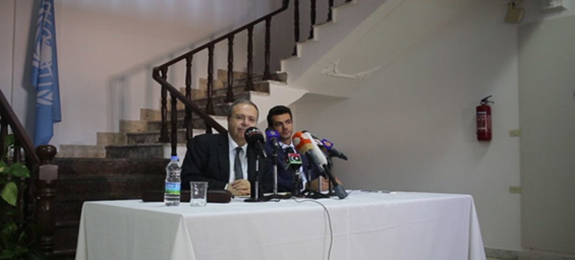 Head of the UN Support Mission in Libya (UNSMIL), Tarek Mitri, announces a political dialogue initiative involving various influential Libyan actors, during a press conference in the capital Tripoli.