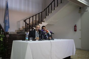 Head of the UN Support Mission in Libya (UNSMIL), Tarek Mitri, announces a political dialogue initiative involving various influential Libyan actors, during a press conference in the capital Tripoli.