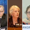 Martti Ahtisaari, Silvia Cartwright et Asma Jahangir, les trois personnalités nommées par le HCDH pour conseiller l'enquête sur les violations des droits de l'homme commises à la fin de la guerre civile au Sri Lanka. Photos ONU/Stephenie Hollyman, Mark Ga