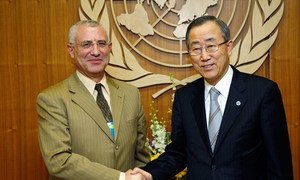 Secretary-General Ban Ki-moon (right) with new Special Envoy for the Great Lakes region, Said Djinnit (April 2008).