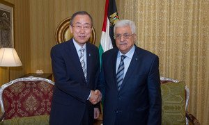 Secretary-General Ban Ki-moon meets with Palestinian President Mahmoud Abbas in Doha, Qatar.