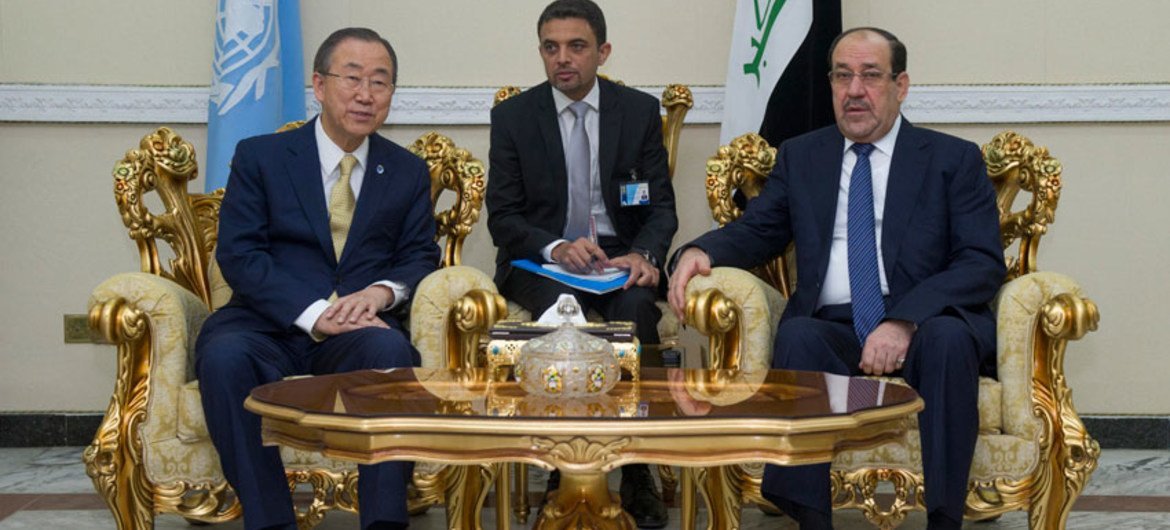 Le Secrétaire général Ban Ki-moon avec le Premier ministre de la République d'Iraq, Nouri al-Maliki en juillet 2014.