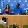 Dominic Dromgoole (left), Artistic Director of Shakespeare’s Globe, addresses a press conference at UN Headquarters.