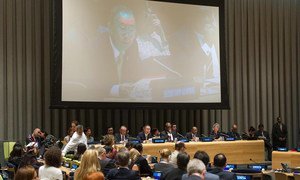 Secretary-General Ban Ki-moon (on monitor) addresses an informal meeting of the General Assembly on the conflict in Gaza.