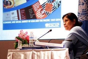 UNESCAP Executive Secretary Shamshad Akhtar launches the Economic and Social Survey for Asia and the Pacific 2014 at a press conference in Bangkok, Thailand.