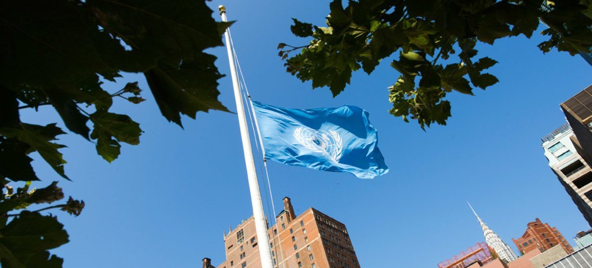 The UN flag flies at half-mast at the Organization’s Headquarters in New York, in memory of fallen colleagues who lost their lives in the conflict in Gaza.