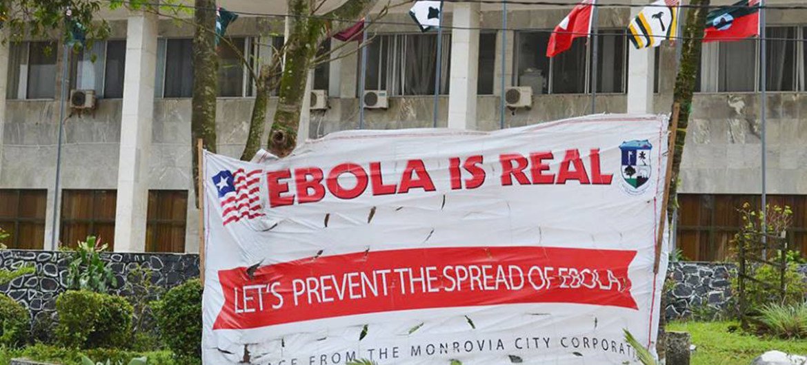 A sign outside the Monrovia City Corporation in Liberia aims at preventing the spread of Ebola.