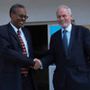 Special Representative for Somalia Nicholas Kay meets Somaliland's Foreign Minister Mohamed Bihi Yonis, on his arrival in the capital, Hargeisa, on 18 August 2014.