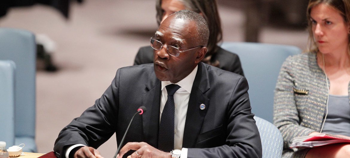 Head of the UN Multidimensional Integrated Stabilization Mission in the Central African Republic (MINUSCA), Babacar Gaye, briefs the Security Council.