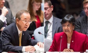 Security Council Meeting, 21 August 2014, with Secretary-General Ban Ki-moon (left) and High Commissioner for Human Rights Navi Pillay.