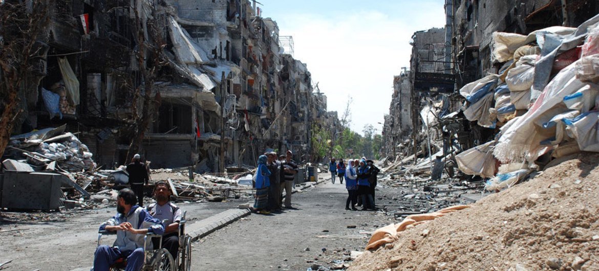 Destruction caused by fighting in Yarmouk, Syria.
