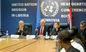 Senior UN System Coordinator for Ebola David Nabarro (centre) flanked by WHO Assistant Director-General for Health Security, Keiji Fukuda (left) and Special Representative Karin Landgren at a press conference in Monrovia, Liberia.