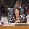 Special Representative for Children and Armed Conflict Leila Zerrougu (left) addresses the Security Council.