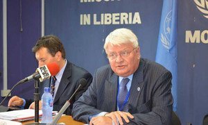 Under-Secretary-General for Peacekeeping Hervé Ladsous (right) addresses the media in Monrovia, Liberia, during his visit to the country to assess the Ebola virus outbreak.