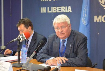 Under-Secretary-General for Peacekeeping Hervé Ladsous (right) addresses the media in Monrovia, Liberia, during his visit to the country to assess the Ebola virus outbreak.