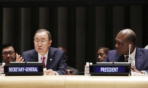 Secretary-General Ban Ki-moon (left) addresses the High-Level Stocktaking Event at the General Assembly. Assembly President John Ashe is at right.