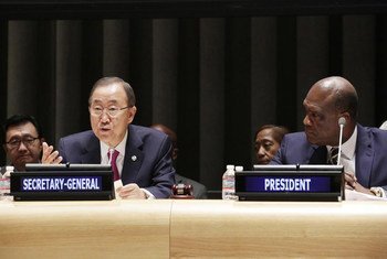 Secretary-General Ban Ki-moon (left) addresses the High-Level Stocktaking Event at the General Assembly. Assembly President John Ashe is at right.