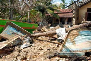 A view of the destruction caused by the Indian Ocean tsunami of 26 December 2004 in Point Pedro, a small fishing village in northern Sri Lanka.