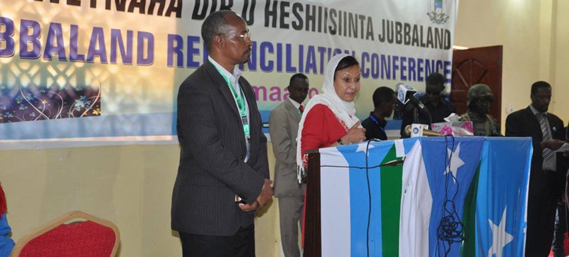 Deputy Special Representative for Somalia Fatiha Serour (second left) speaks at the opening ceremony of the Kismayo Reconciliation.