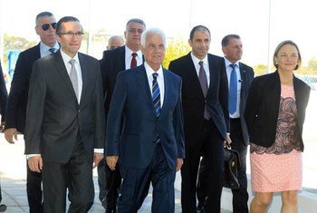 Special Adviser on Cyprus Espen Barth Eide (left) with the leaders of the Greek Cypriot and Turkish Cypriot communities.