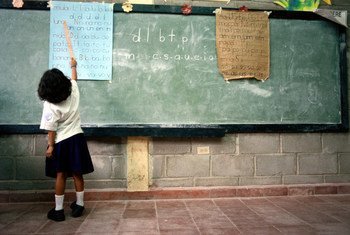 A student in a classroom in Tegucigalpa, Honduras.