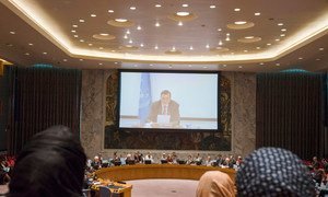 A wide of the Security Council Chamber as Ján Kubiš, Special Representative and Head of the UN Mission in Afghanistan (UNAMA), briefs the Council via video conference.