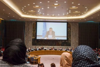 A wide of the Security Council Chamber as Ján Kubiš, Special Representative and Head of the UN Mission in Afghanistan (UNAMA), briefs the Council via video conference.