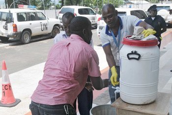 A hand-washing station outside UN offices in the Liberian capital city of Monrovia, assisting efforts to control and eradicate the Ebola virus outbreak.