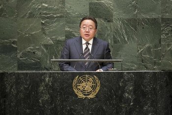 President of Mongolia Tsakhiagiin Elbegdorj addresses the general debate of the sixty-ninth session of the General Assembly.