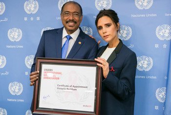 Michel Sidibé, Executive Director of UNAIDS (left) and new International Goodwill Ambassador, British fashion designer Victoria Beckham.
