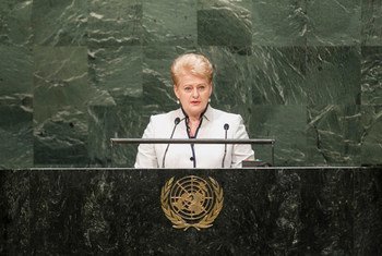 Dalia Grybauskaite, President of the Republic of Lithuania, addresses the general debate of the sixty-ninth session of the General Assembly.
