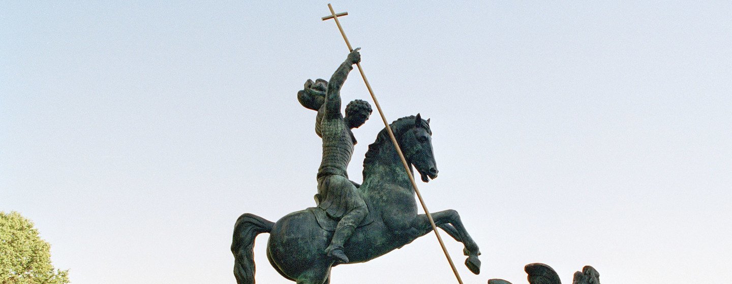 Sculpture depicting St. George slaying the dragon. The dragon is created from fragments of Soviet SS-20 andUnited States Pershing nuclear missiles.