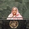 Bangladesh's Prime Minister Sheikh Hasina speaks at a podium with the UN emblem during a session of the United Nations General Assembly in New York.