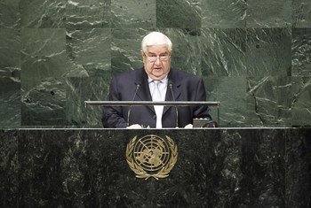 El ministro sirio de Exteriores, Walid Al-Moualem, ante la Asamblea General de la ONU  Foto archivo: ONU/Cia Pak