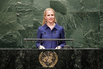 Foreign Minister Aurelia Frick of Liechtenstein addresses the General Assembly.