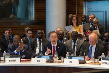 Le Secrétaire général Ban Ki-moon lors d'une réunion sur Ebola à la Banque mondiale à Washington, aux Etats-Unis.