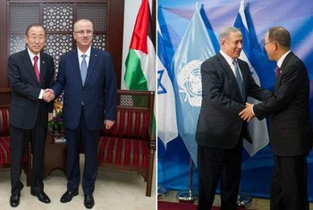 Secretary-General Ban Ki-moon meets with Prime Minister Rami Hamdallah of  the State of Palestine (left) and with Israeli Prime Minister Benjamin Netanyahu (right).