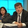 ILO Director-General Guy Ryder speaks at a press conference in Lima, Peru, shortly before the 18th American Regional Meeting began. At left is Elizabeth Tinoco, the Regional Director for Latin America and the Caribbean.