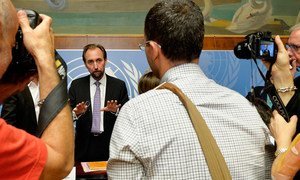 High Commissioner for Human Rights Zeid Ra'ad Al Hussein briefs journalists during a press conference in Geneva.