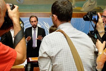 High Commissioner for Human Rights Zeid Ra'ad Al Hussein briefs journalists during a press conference in Geneva.