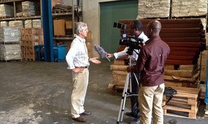 At UN Humanitarian Response Depot (UNHRD) warehouse in Accra, Ghana, UNMEER's head, Anthony Banbury, speaks to some international media outlets on the latest developments in the Ebola Response.